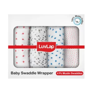 LuvLap 100% Cotton Muslin Baby Swaddle Pack Of 4 white - Dots and Stars (M.No 18956)